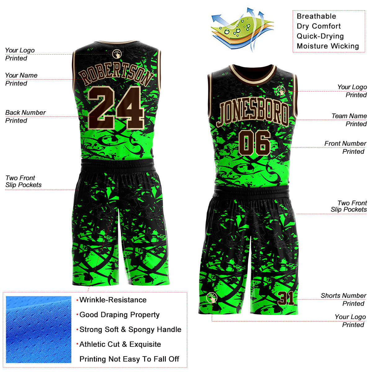 Custom Black Brown Green-Cream Psychedelic Acid Fluid Round Neck Sublimation Basketball Uniform Jersey view 2