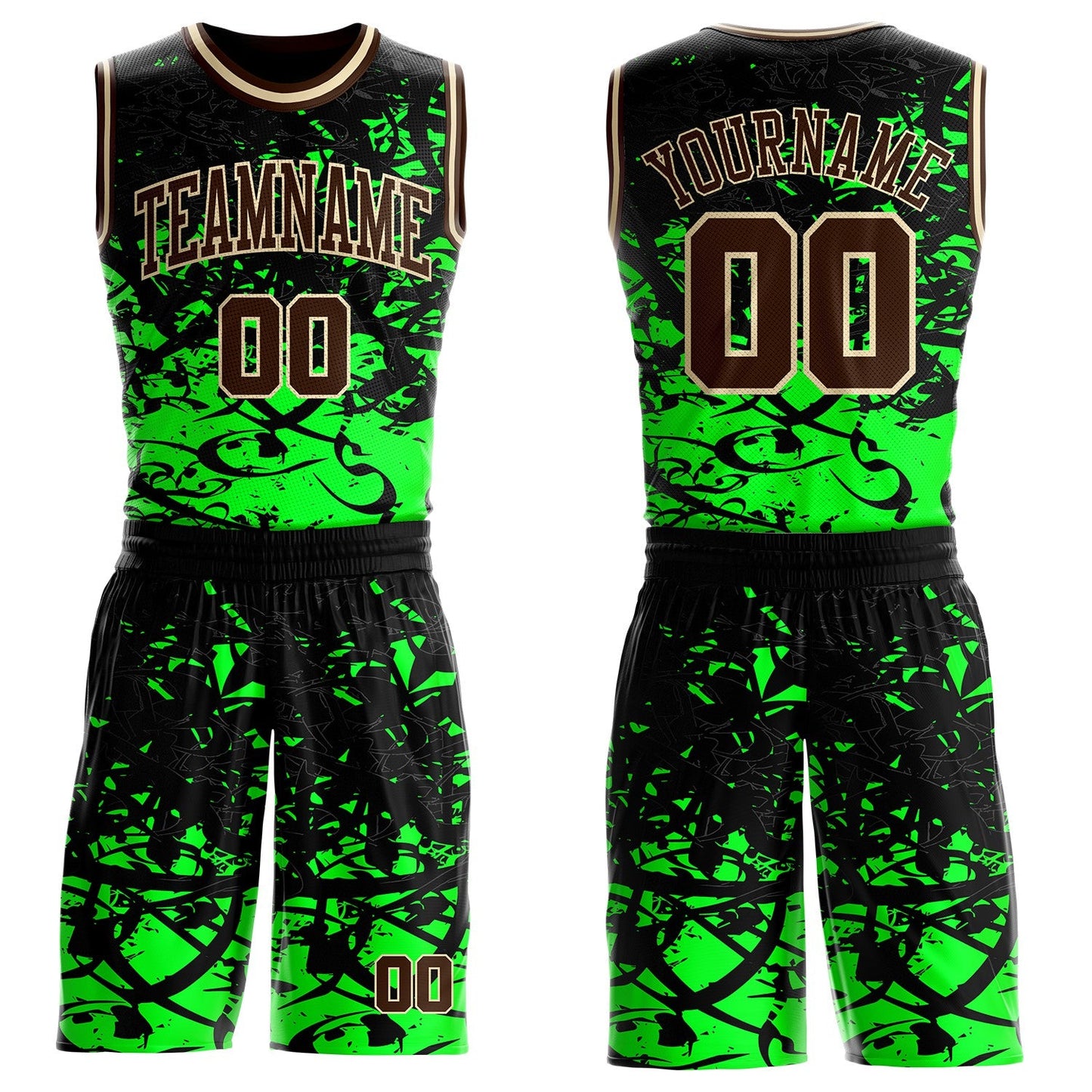 Custom Black Brown Green-Cream Psychedelic Acid Fluid Round Neck Sublimation Basketball Uniform Jersey - Main View