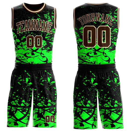 Custom Black Brown Green-Cream Psychedelic Acid Fluid Round Neck Sublimation Basketball Uniform Jersey - Main View
