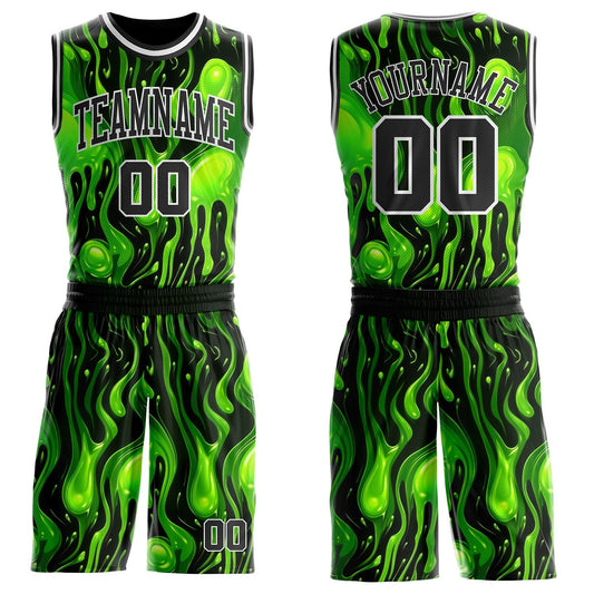 Custom Green Black-White Psychedelic Acid Fluid Round Neck Sublimation Basketball Uniform Jersey - Main View