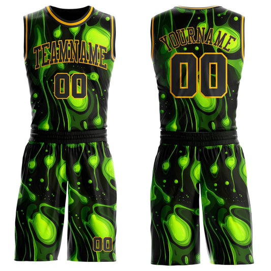 Custom Black Green-Gold Psychedelic Acid Fluid Round Neck Sublimation Basketball Uniform Jersey - Main View