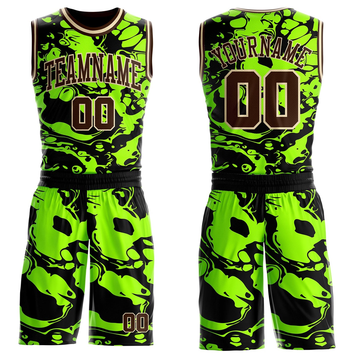 Custom Green Brown-Cream Psychedelic Acid Fluid Round Neck Sublimation Basketball Uniform Jersey - Main View