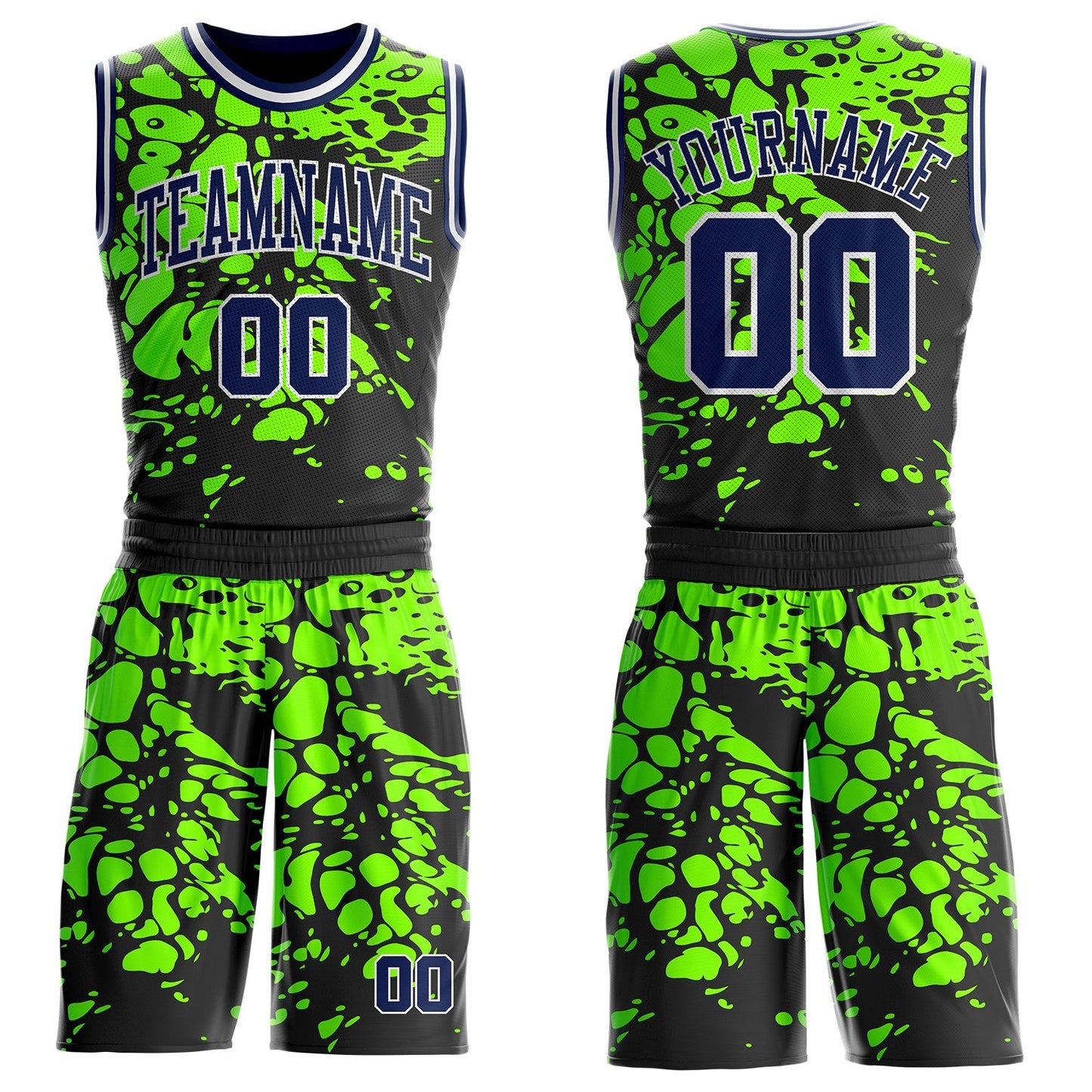 Custom Black Navy Green-White Psychedelic Acid Fluid Round Neck Sublimation Basketball Uniform Jersey - Main View