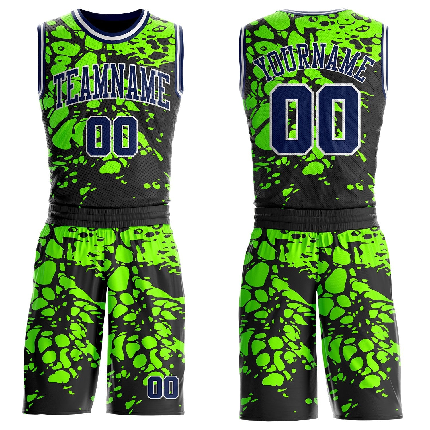 Custom Black Navy Green-White Psychedelic Acid Fluid Round Neck Sublimation Basketball Uniform Jersey - Main View
