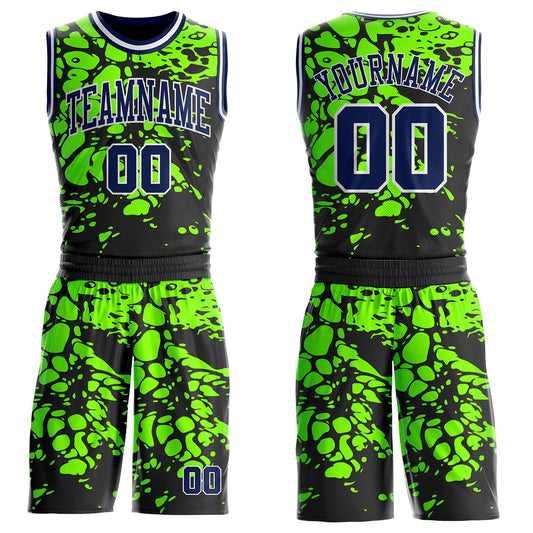 Custom Black Navy Green-White Psychedelic Acid Fluid Round Neck Sublimation Basketball Uniform Jersey - Main View