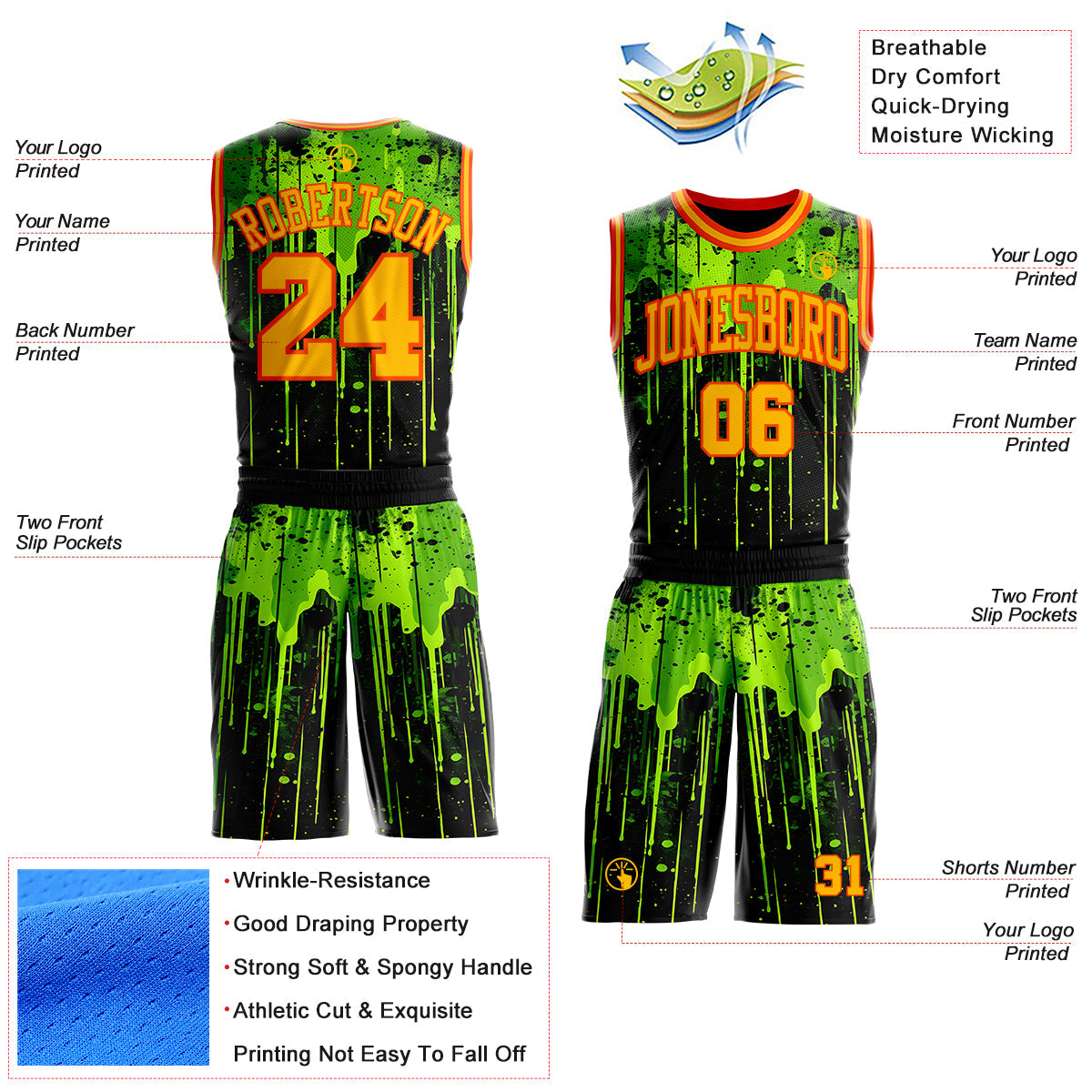 Custom Black Gold Green-Orange Psychedelic Acid Fluid Round Neck Sublimation Basketball Uniform Jersey view 2