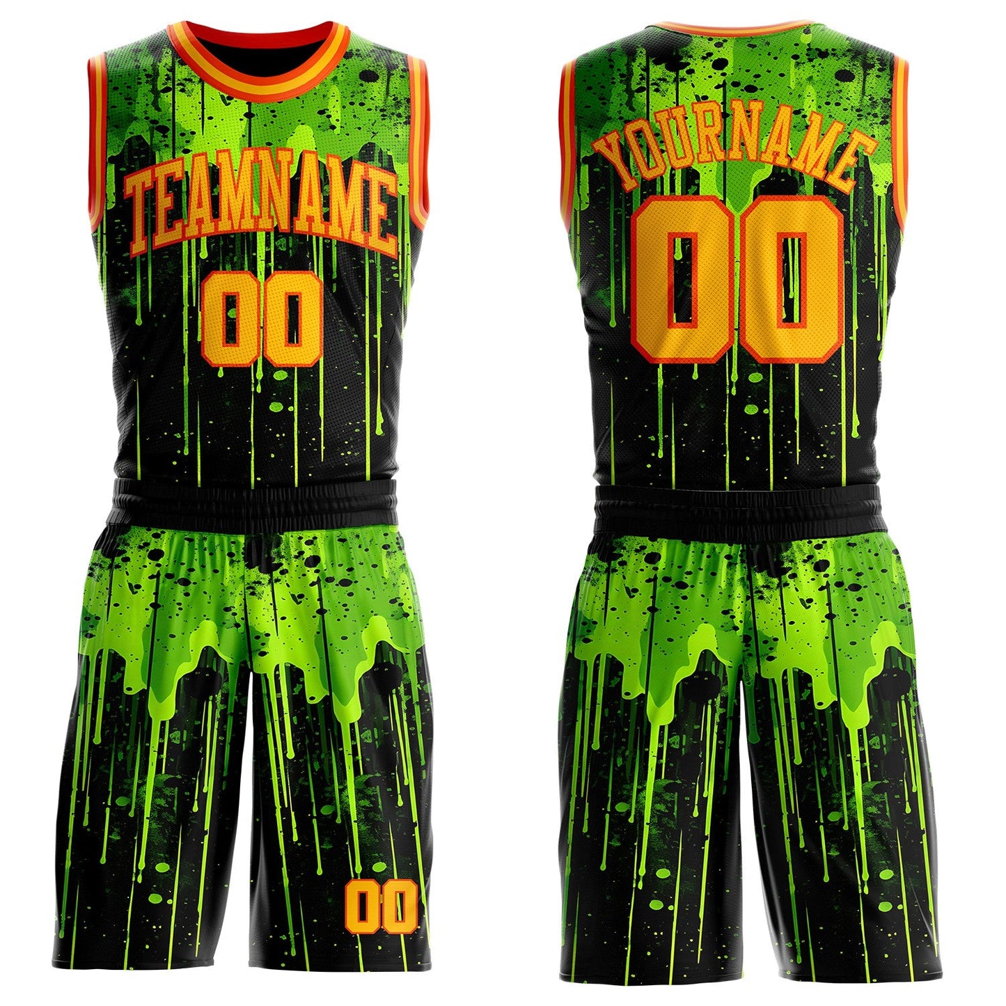 Custom Black Gold Green-Orange Psychedelic Acid Fluid Round Neck Sublimation Basketball Uniform Jersey - Main View