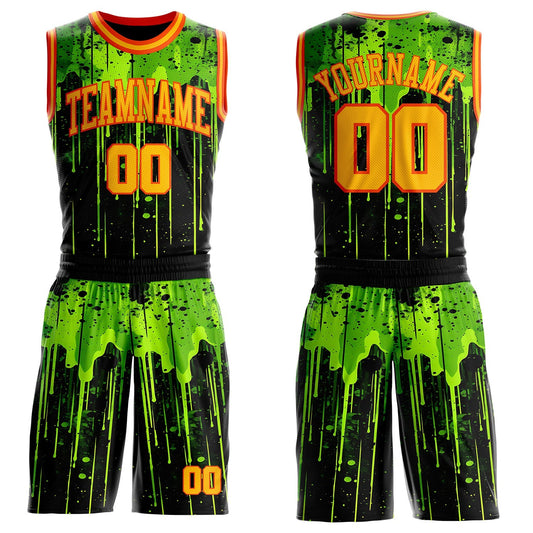 Custom Black Gold Green-Orange Psychedelic Acid Fluid Round Neck Sublimation Basketball Uniform Jersey - Main View