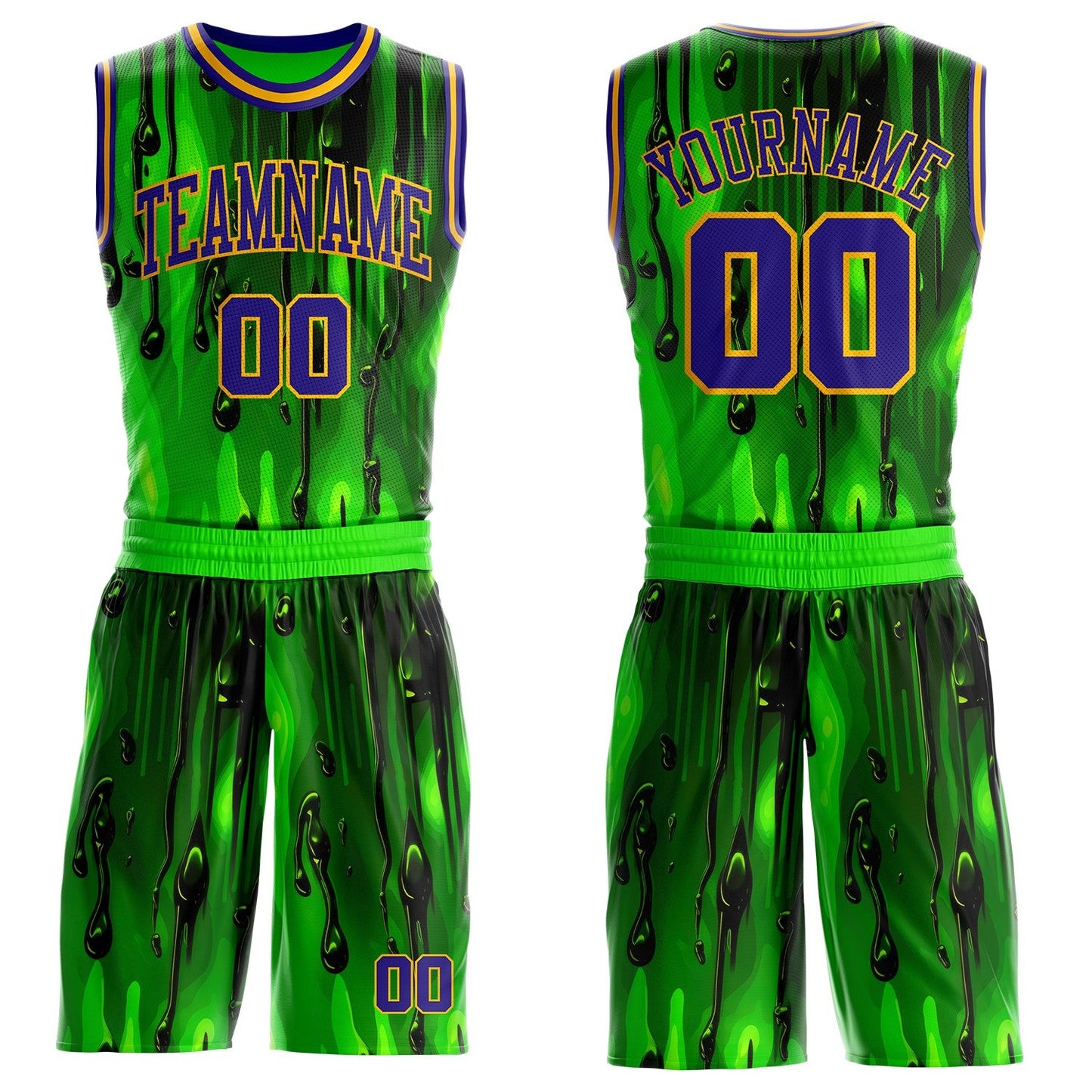 Custom Green Dark Purple Black-Gold Psychedelic Acid Fluid Round Neck Sublimation Basketball Uniform Jersey - Main View