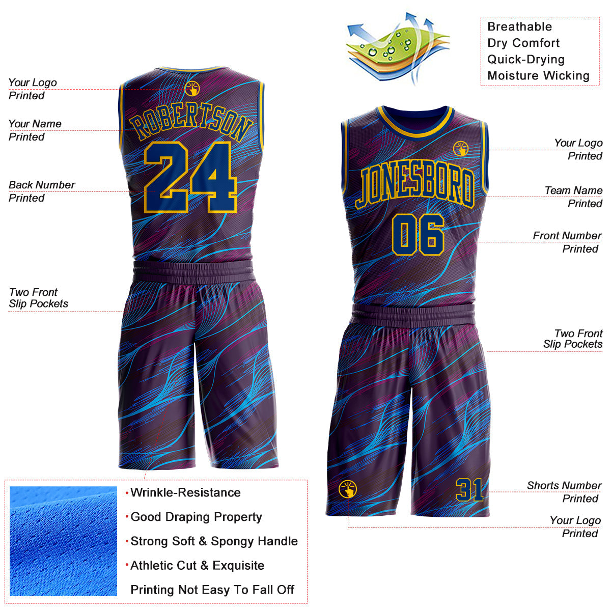 Custom Purple US Navy Blue-Yellow Abstract Swirl Lines Round Neck Sublimation Basketball Uniform Jersey view 2