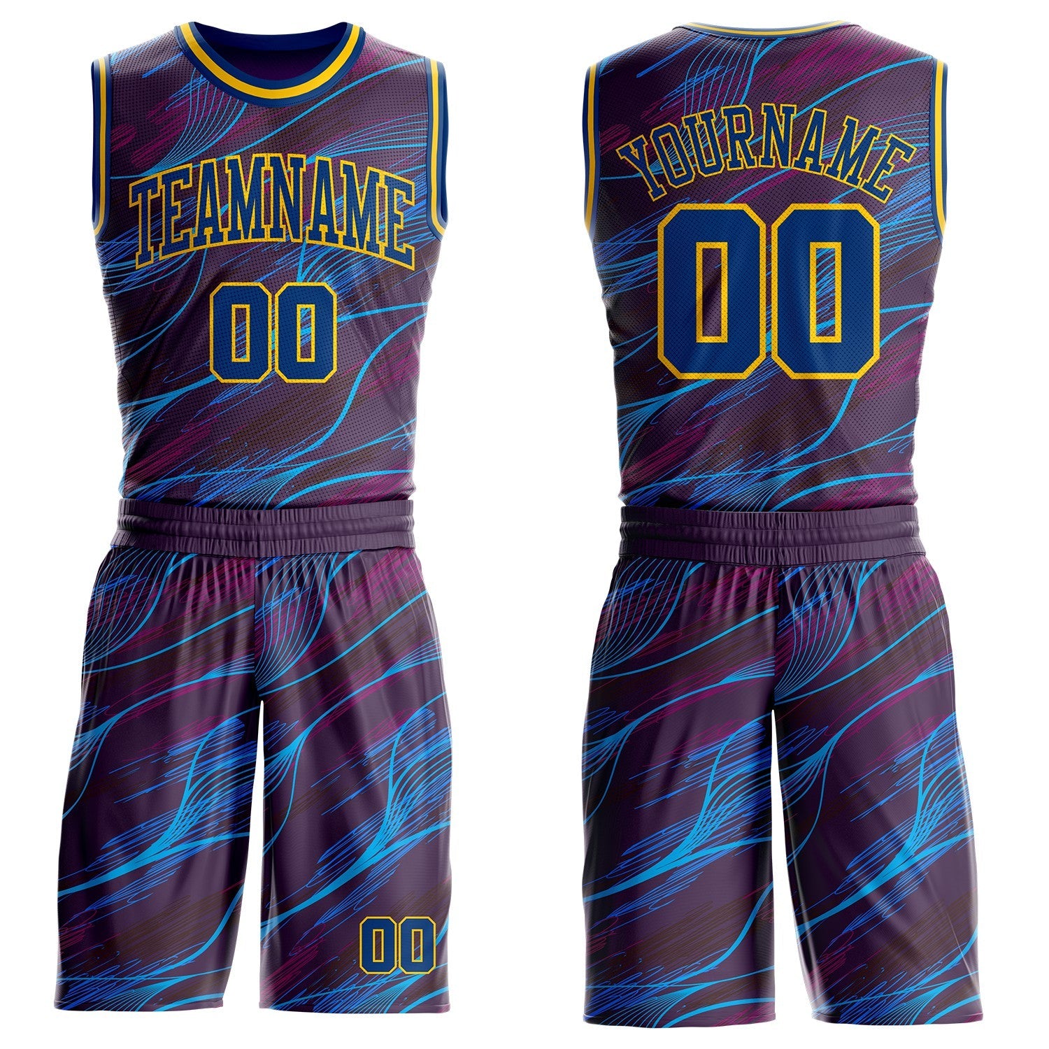 Custom Purple US Navy Blue-Yellow Abstract Swirl Lines Round Neck Sublimation Basketball Uniform Jersey - Main View