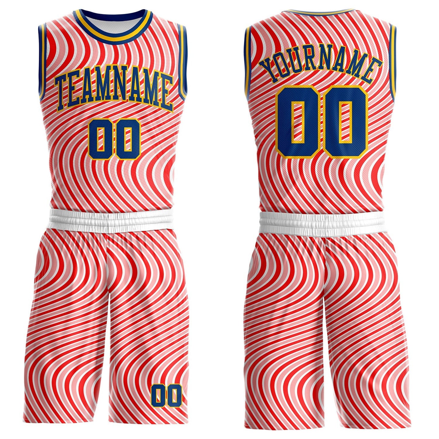 Custom Pink US Navy Blue-Yellow Abstract Wave Round Neck Sublimation Basketball Uniform Jersey - Main View