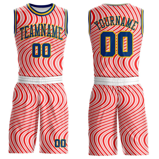 Custom Pink US Navy Blue-Yellow Abstract Wave Round Neck Sublimation Basketball Uniform Jersey - Main View