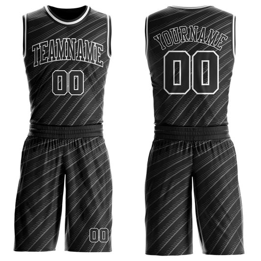Custom Black-White Abstract Diagonal Lines Round Neck Sublimation Basketball Uniform Jersey - Main View