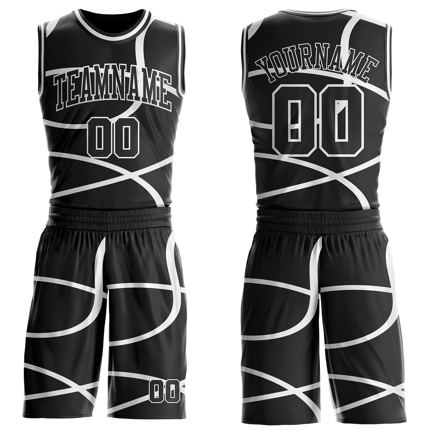 Custom Black-White Abstract Curved Lines Round Neck Sublimation Basketball Uniform Jersey - Main View