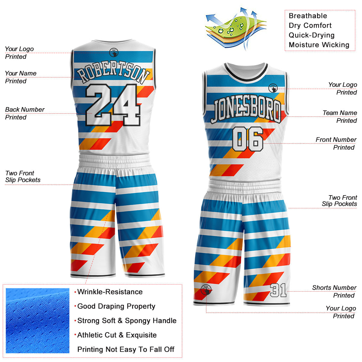 Custom White Blue Red Yellow-Black Abstract Stripe Round Neck Sublimation Basketball Uniform Jersey view 2