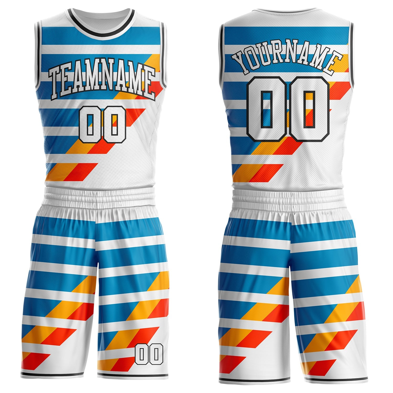 Custom White Blue Red Yellow-Black Abstract Stripe Round Neck Sublimation Basketball Uniform Jersey - Main View