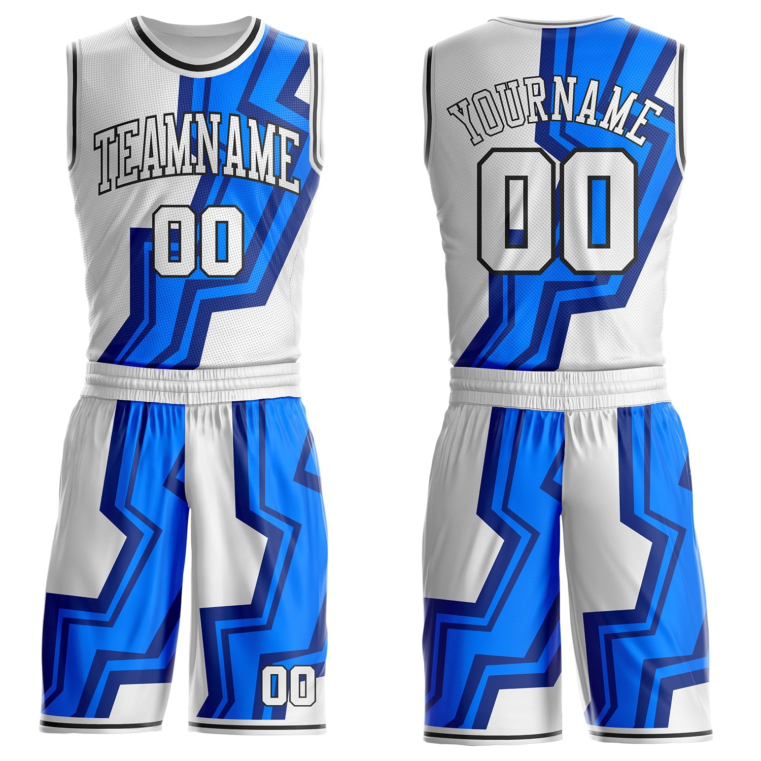 Custom White Blue-Black Abstract Geometric Zigzag Round Neck Sublimation Basketball Uniform Jersey - Main View