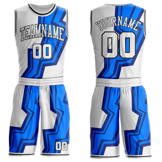 Custom White Blue-Black Abstract Geometric Zigzag Round Neck Sublimation Basketball Uniform Jersey - Main View