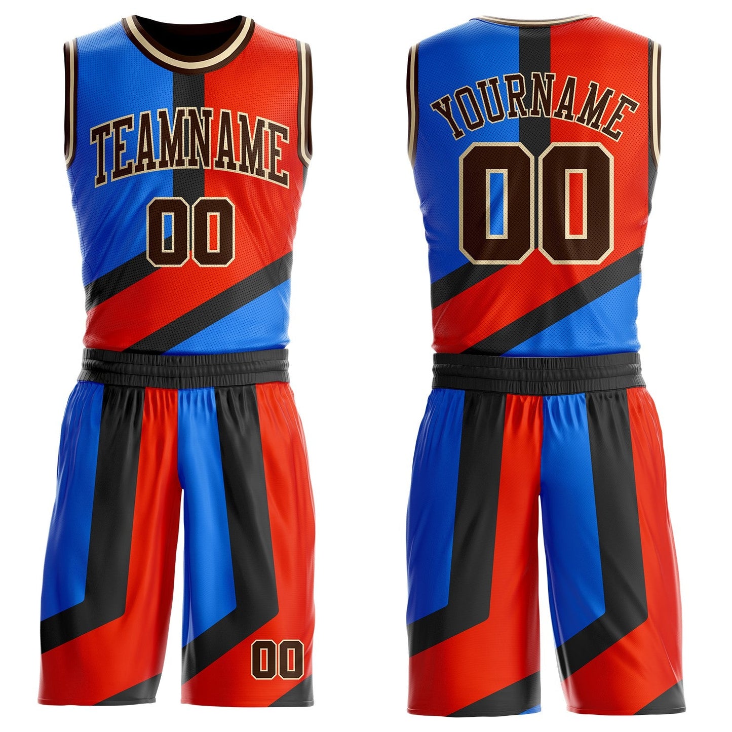 Custom Red Brown Blue Black-Cream Abstract Diagonal Stripes Round Neck Sublimation Basketball Uniform Jersey - Main View