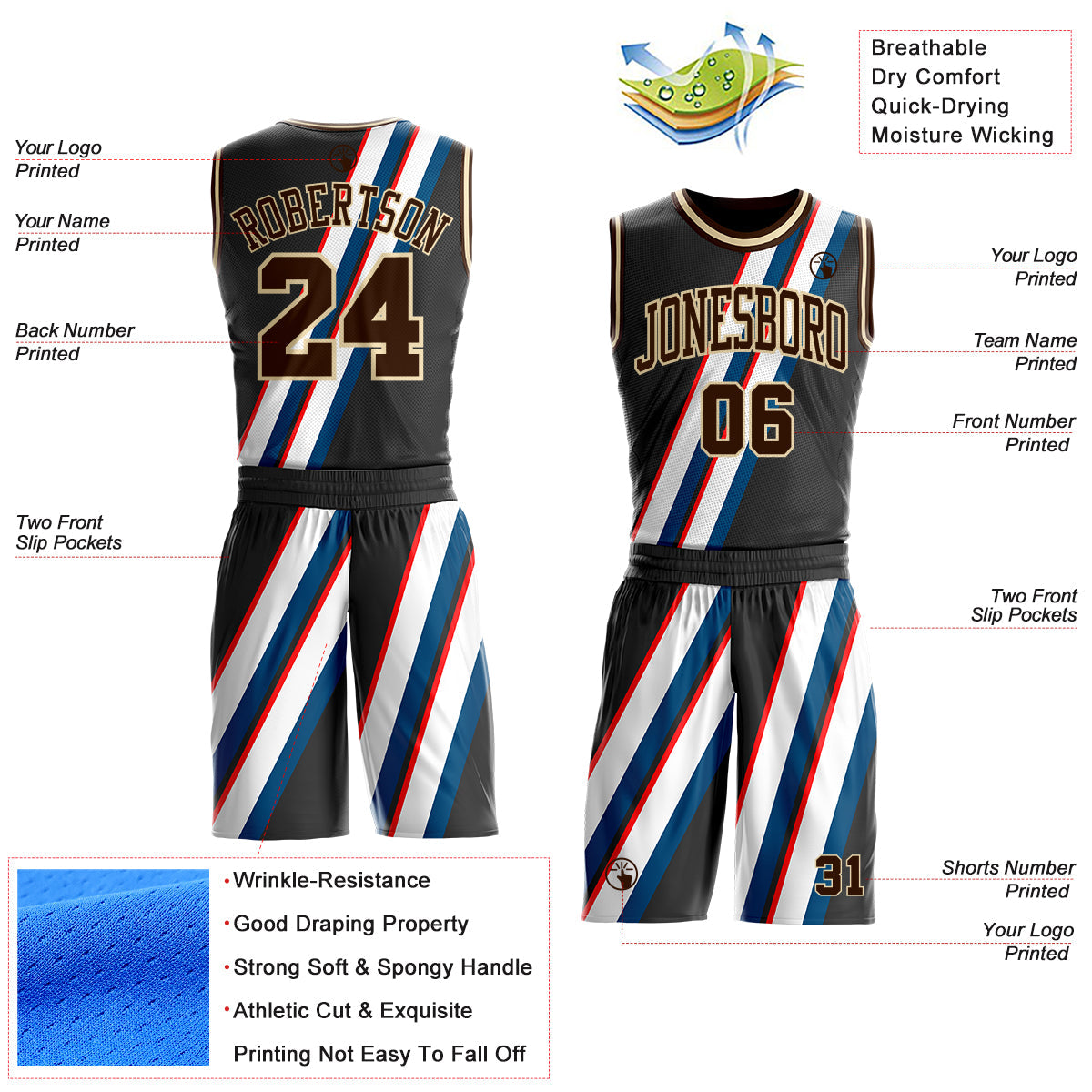 Custom Black Brown Blue Red-Cream Abstract Stripes Round Neck Sublimation Basketball Uniform Jersey view 2
