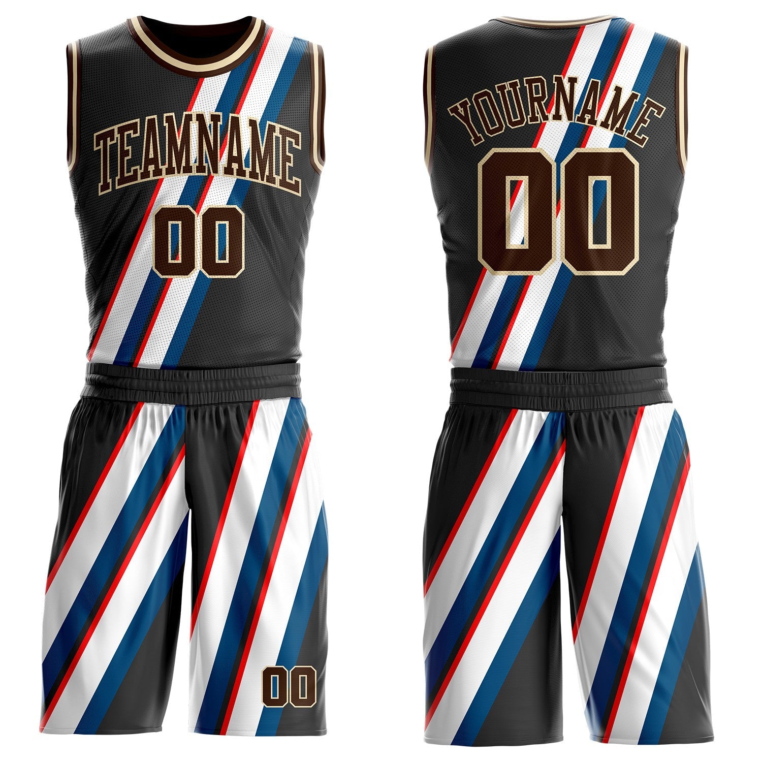 Custom Black Brown Blue Red-Cream Abstract Stripes Round Neck Sublimation Basketball Uniform Jersey - Main View