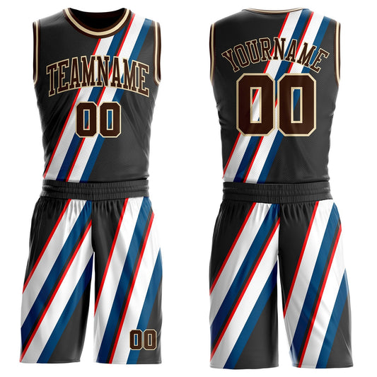 Custom Black Brown Blue Red-Cream Abstract Stripes Round Neck Sublimation Basketball Uniform Jersey - Main View