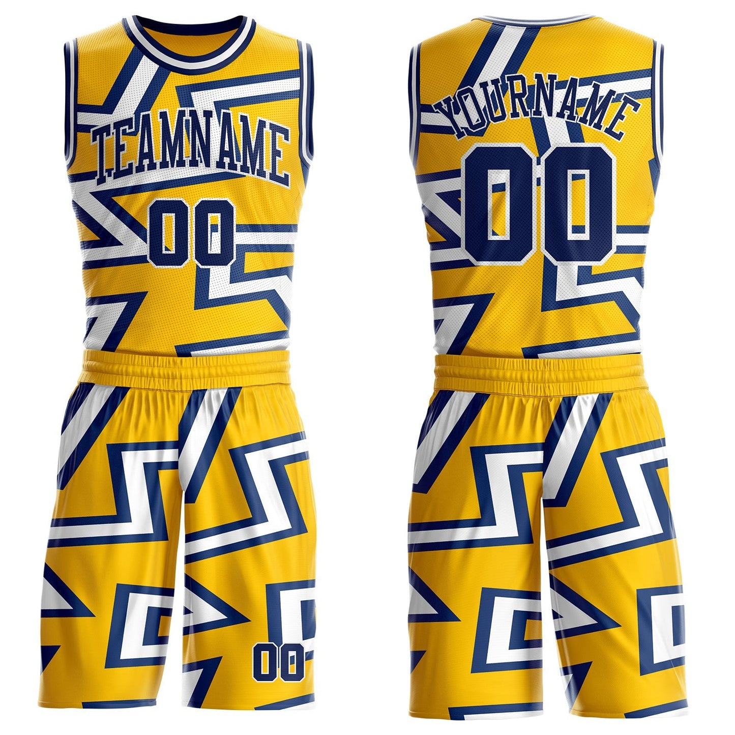 Custom Yellow Navy-White Abstract Geometric Zigzag Round Neck Sublimation Basketball Uniform Jersey - Main View
