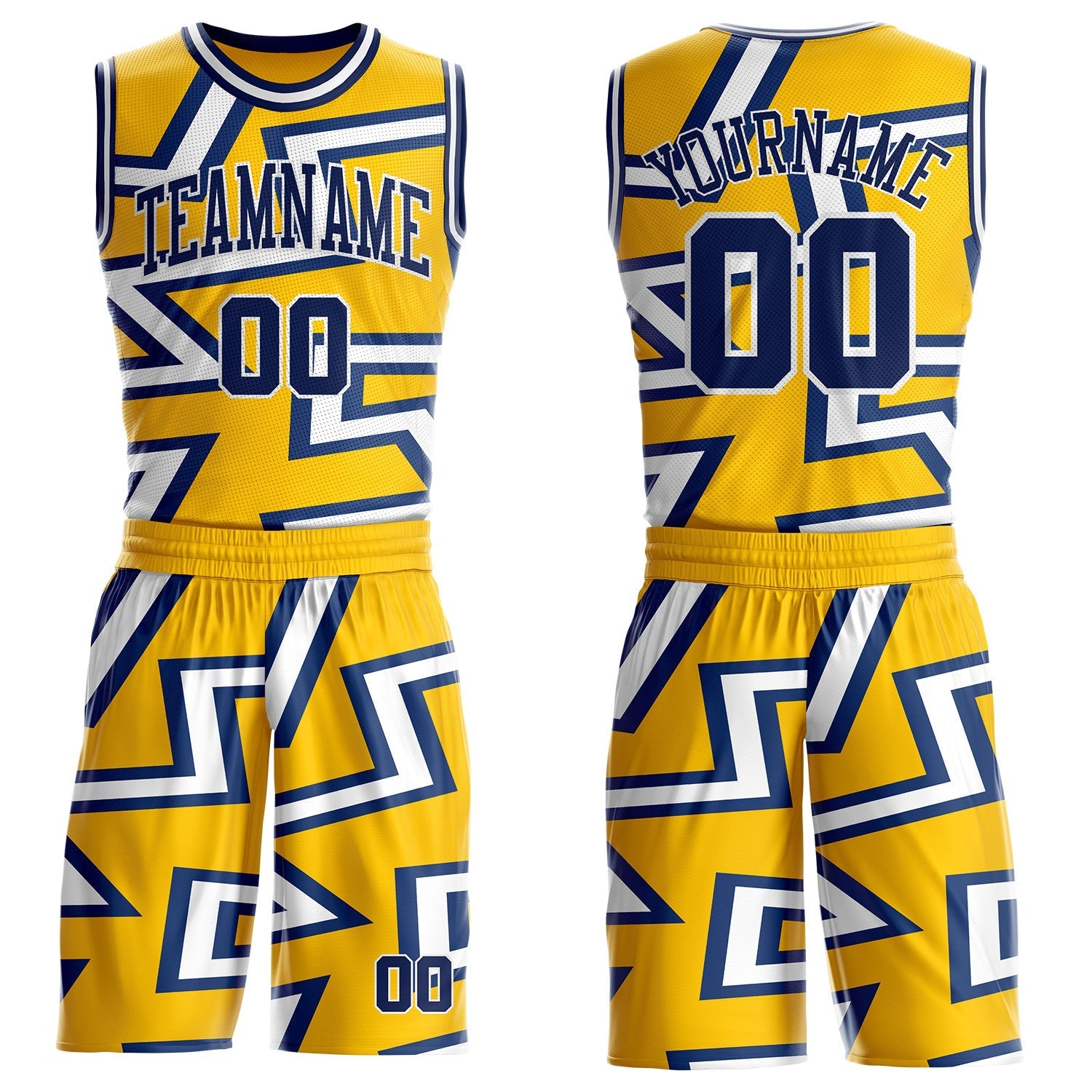 Custom Yellow Navy-White Abstract Geometric Zigzag Round Neck Sublimation Basketball Uniform Jersey - Main View