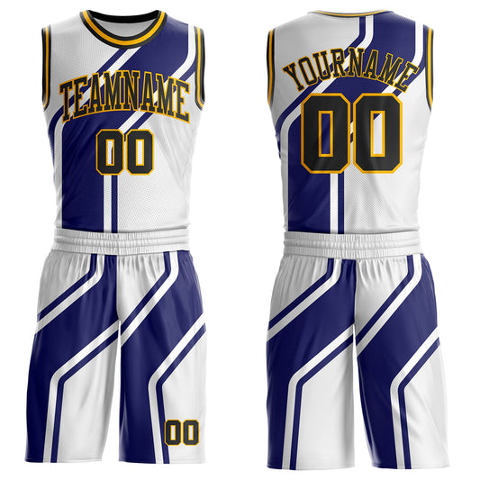Custom White Black Blue-Gold Abstract Geometric Zigzag Round Neck Sublimation Basketball Uniform Jersey - Main View