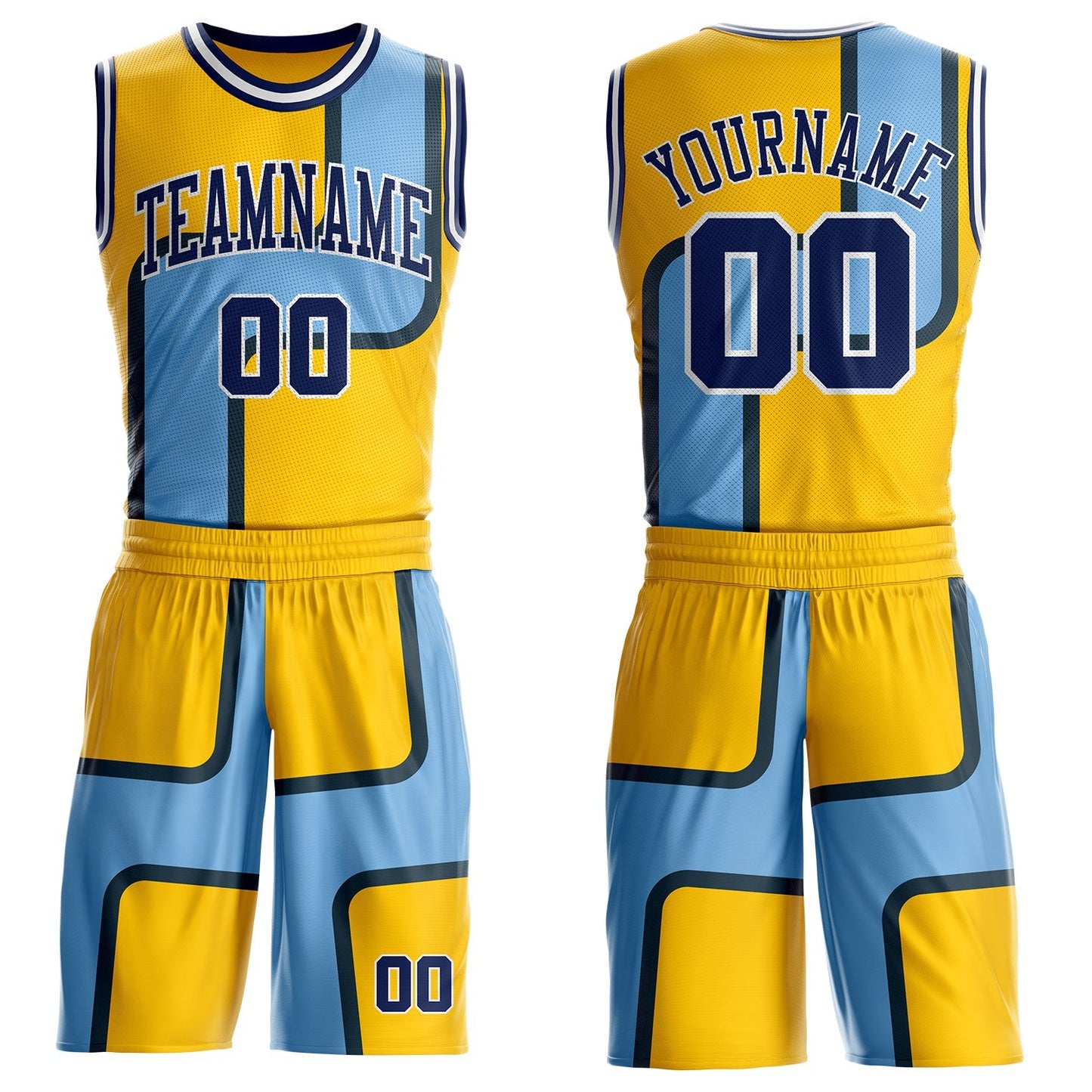 Custom Yellow Navy Blue-White Abstract Geometric Zigzag Round Neck Sublimation Basketball Uniform Jersey - Main View
