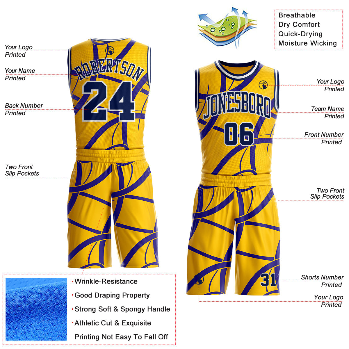 Custom Yellow Navy Purple-White Abstract Curved Lines Round Neck Sublimation Basketball Uniform Jersey view 2