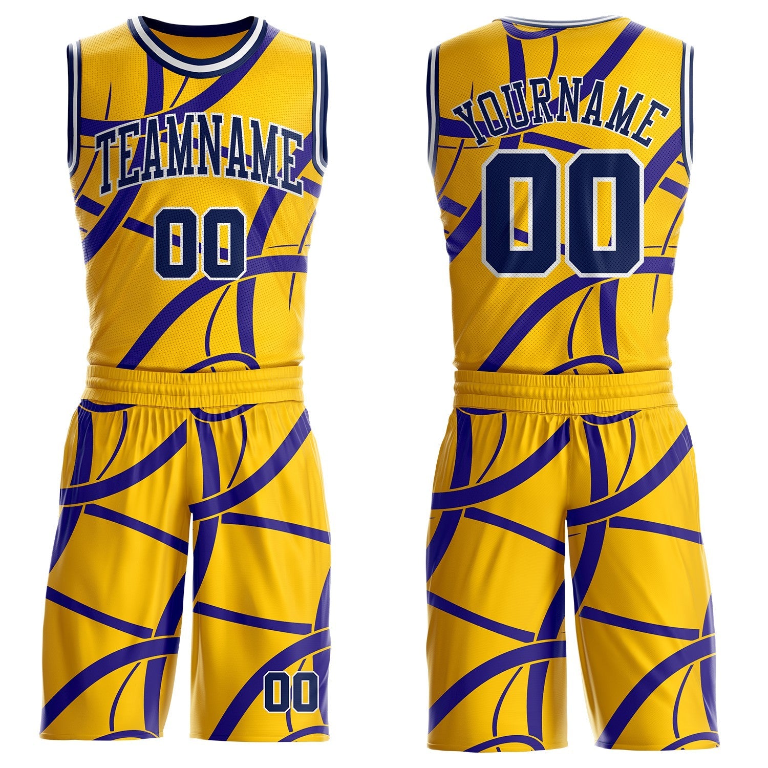 Custom Yellow Navy Purple-White Abstract Curved Lines Round Neck Sublimation Basketball Uniform Jersey - Main View