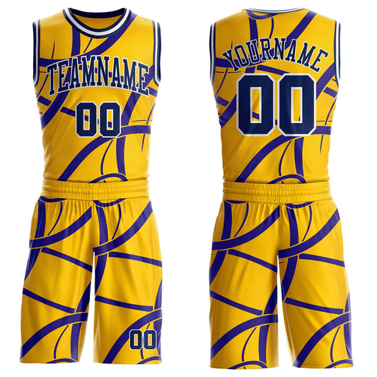 Custom Yellow Navy Purple-White Abstract Curved Lines Round Neck Sublimation Basketball Uniform Jersey - Main View
