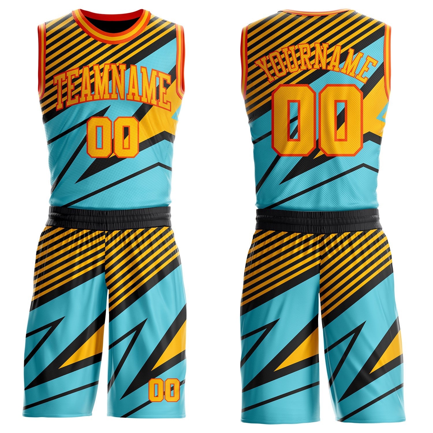 Custom Blue Gold Black-Orange Geometric Stripes Round Neck Sublimation Basketball Uniform Jersey - Main View