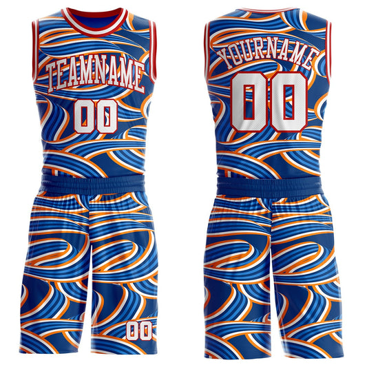 Custom Blue White Orange-Red Abstract Swirl Lines Round Neck Sublimation Basketball Uniform Jersey - Main View