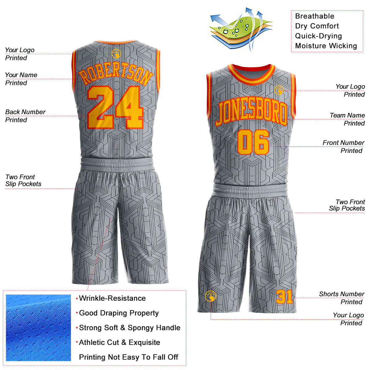 Custom Gray Gold Black-Orange Abstract Tech Geometric Lines Round Neck Sublimation Basketball Uniform Jersey view 2