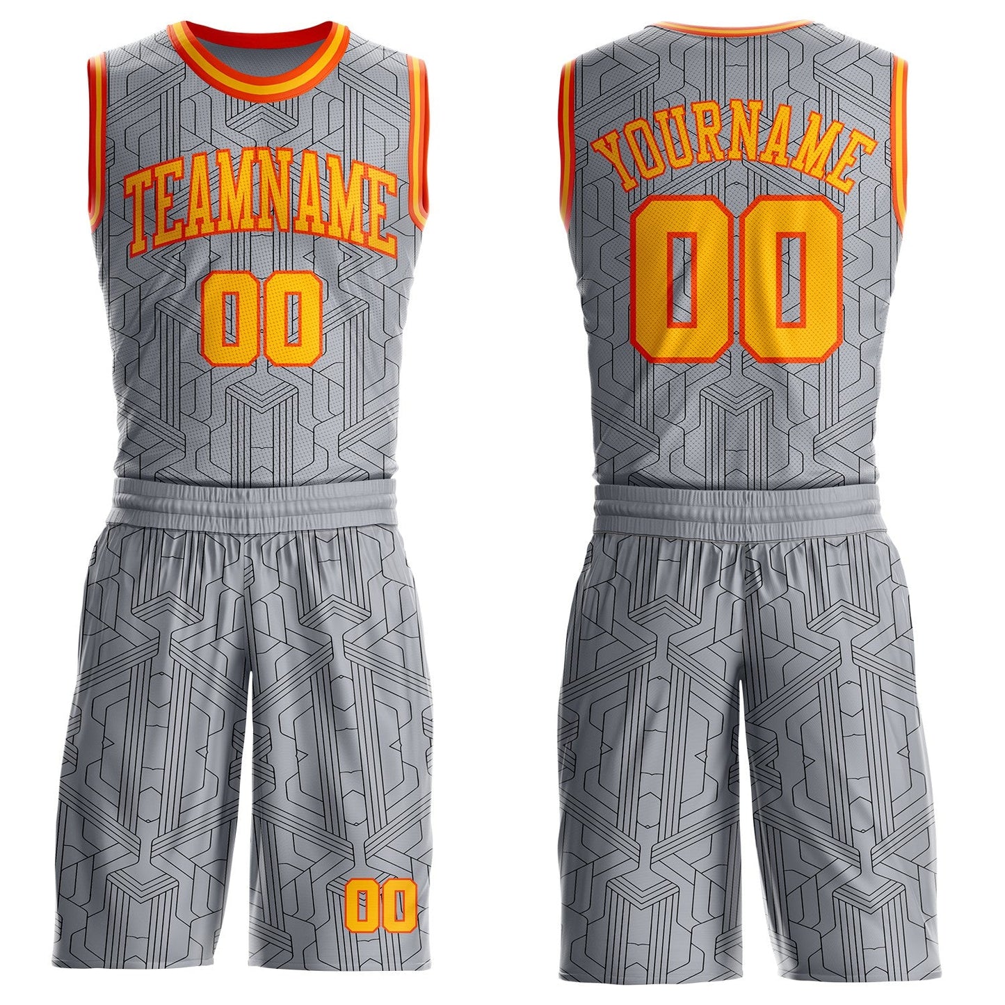 Custom Gray Gold Black-Orange Abstract Tech Geometric Lines Round Neck Sublimation Basketball Uniform Jersey - Main View