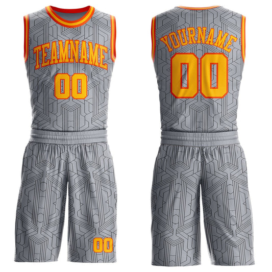 Custom Gray Gold Black-Orange Abstract Tech Geometric Lines Round Neck Sublimation Basketball Uniform Jersey - Main View
