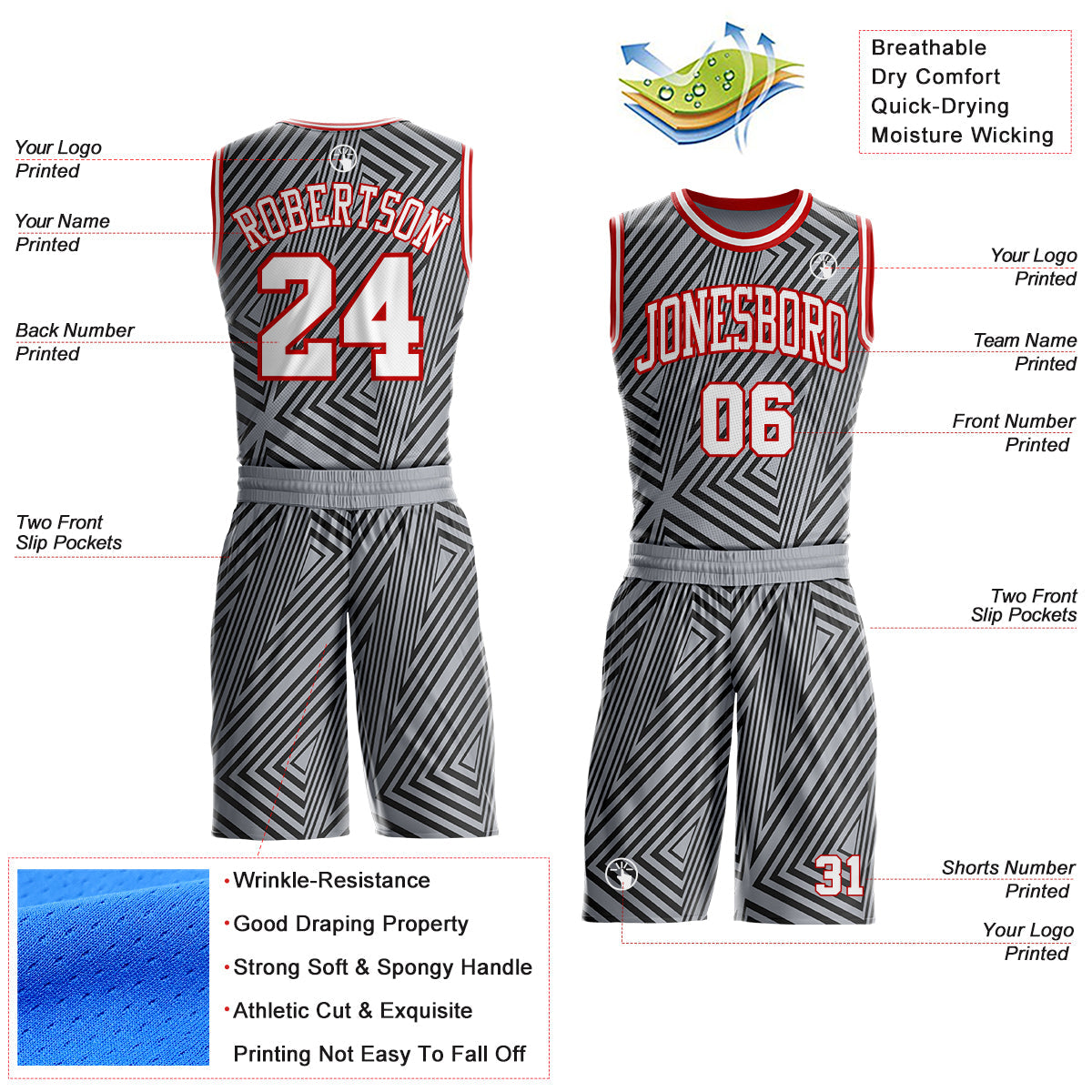Custom Gray White Black-Red Geometric Lines Round Neck Sublimation Basketball Uniform Jersey view 2