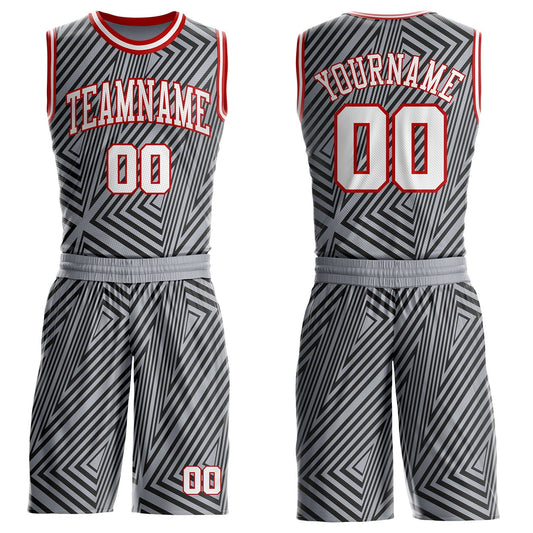 Custom Gray White Black-Red Geometric Lines Round Neck Sublimation Basketball Uniform Jersey - Main View