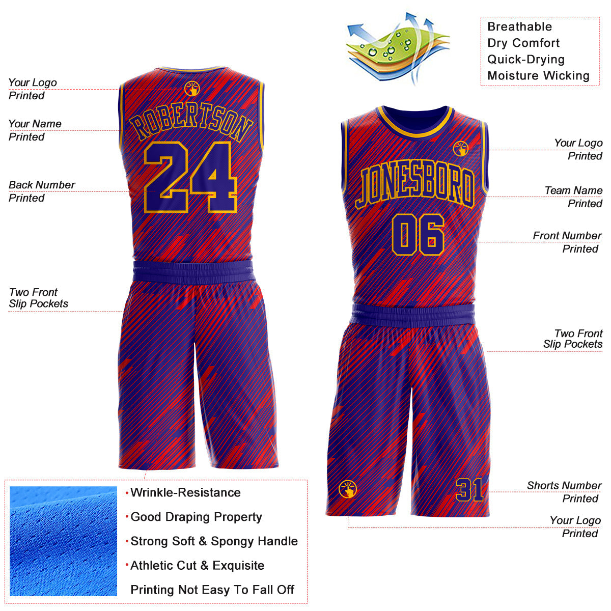 Custom Dark Purple Red-Gold Abstract Stripes Round Neck Sublimation Basketball Uniform Jersey view 2