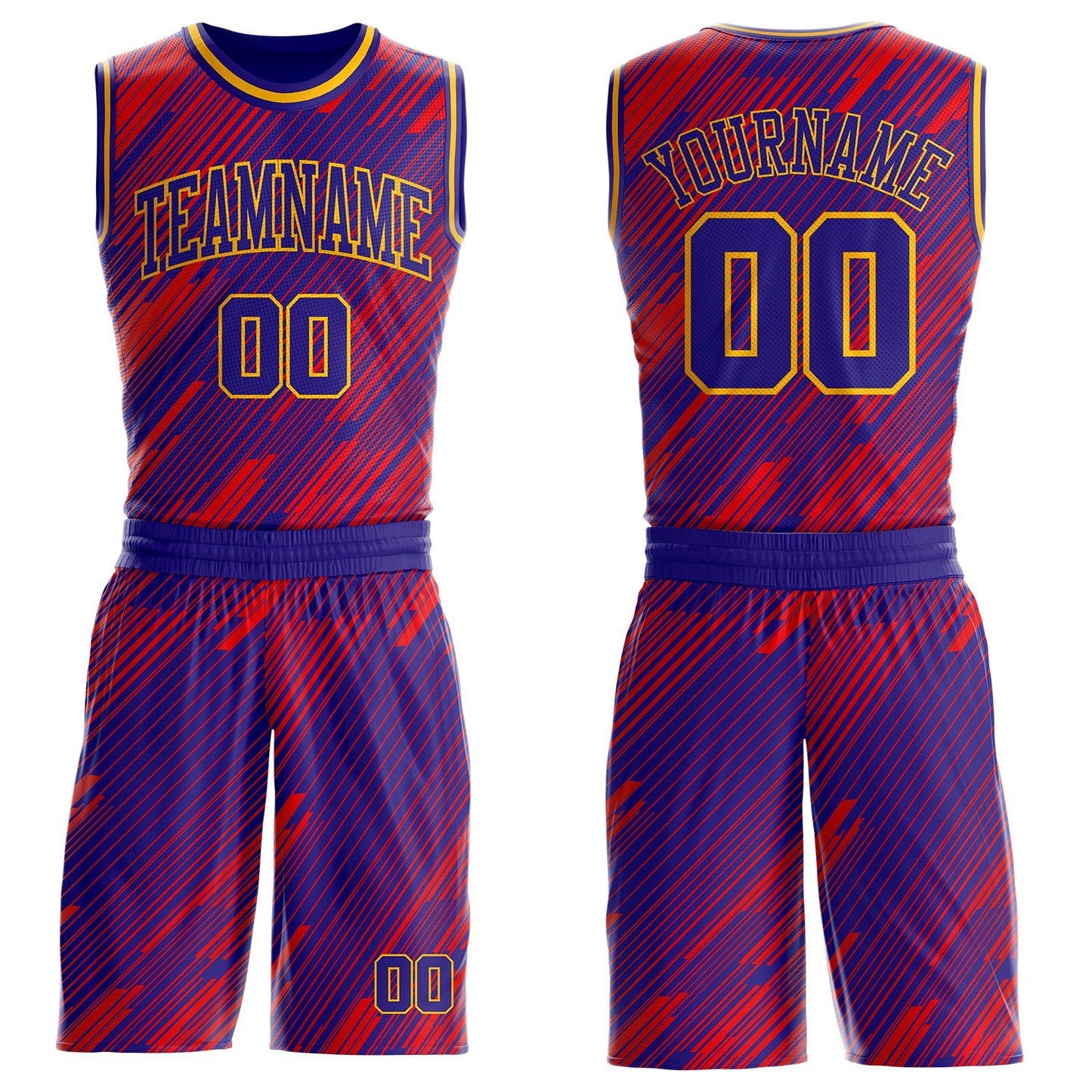Custom Dark Purple Red-Gold Abstract Stripes Round Neck Sublimation Basketball Uniform Jersey - Main View