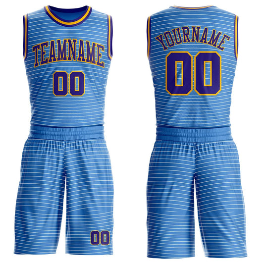 Custom Blue Dark Purple-Gold Abstract Stripes Round Neck Sublimation Basketball Uniform Jersey - Main View