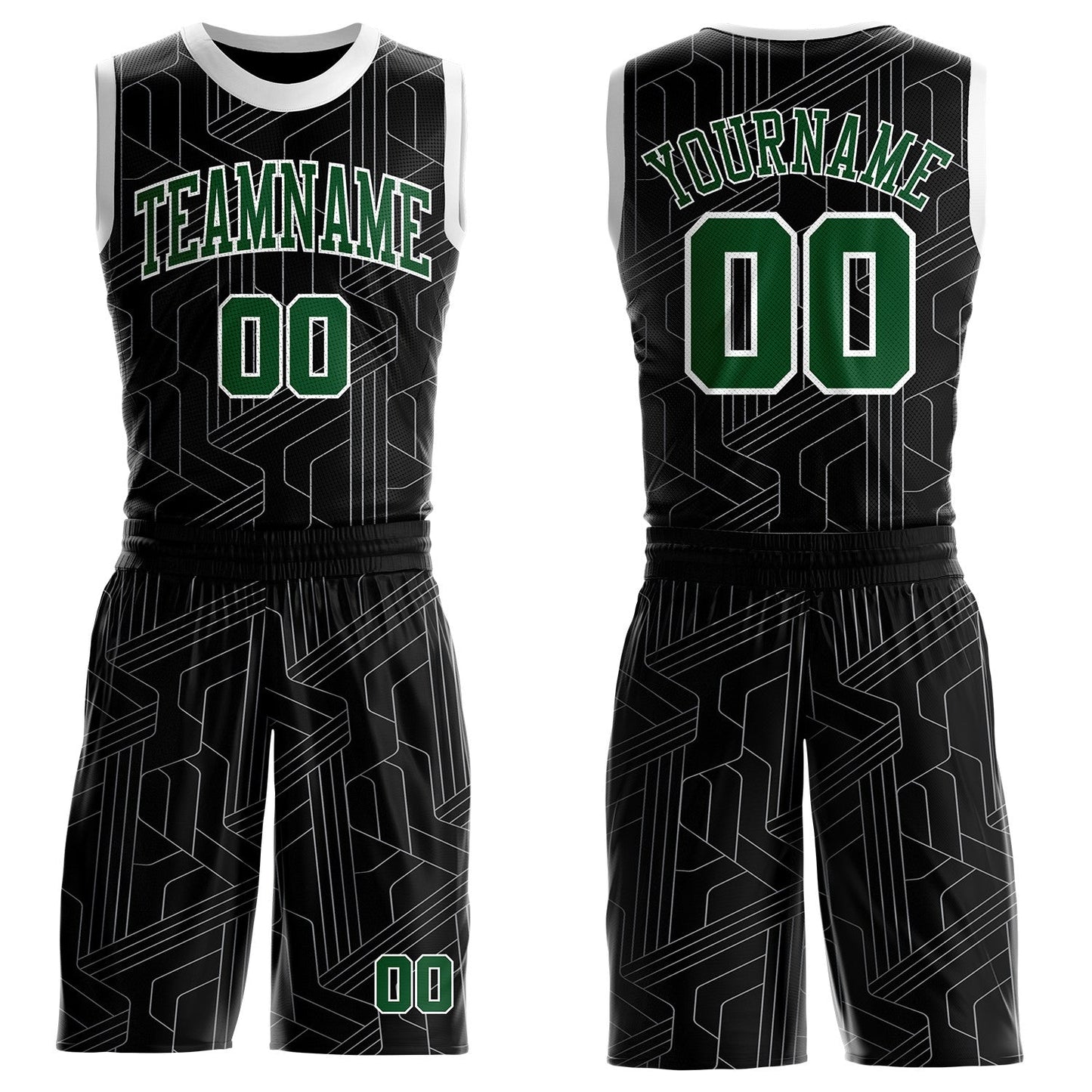 Custom Black Green-White Abstract Tech Geometric Lines Round Neck Sublimation Basketball Uniform Jersey - Main View