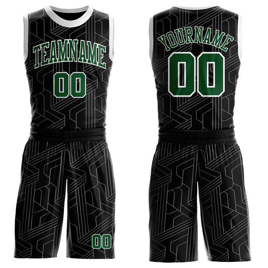 Custom Black Green-White Abstract Tech Geometric Lines Round Neck Sublimation Basketball Uniform Jersey - Main View