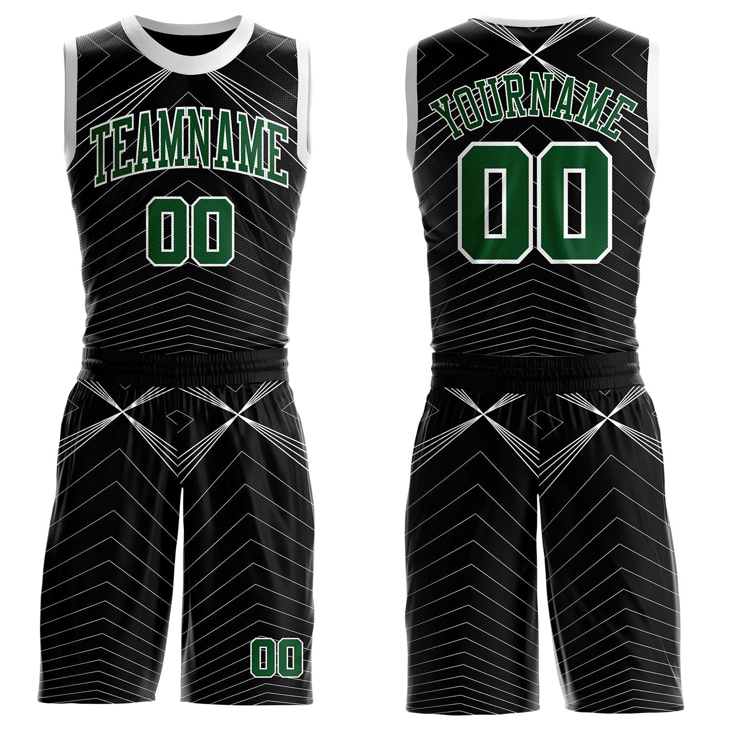 Custom Black Green-White Abstract Tech Geometric Lines Round Neck Sublimation Basketball Uniform Jersey - Main View