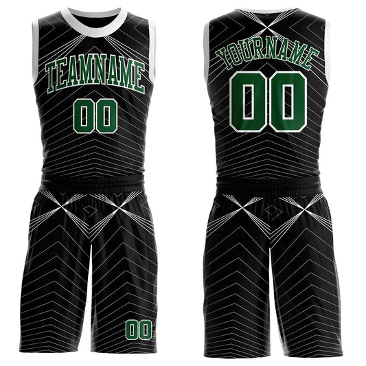 Custom Black Green-White Abstract Tech Geometric Lines Round Neck Sublimation Basketball Uniform Jersey - Main View