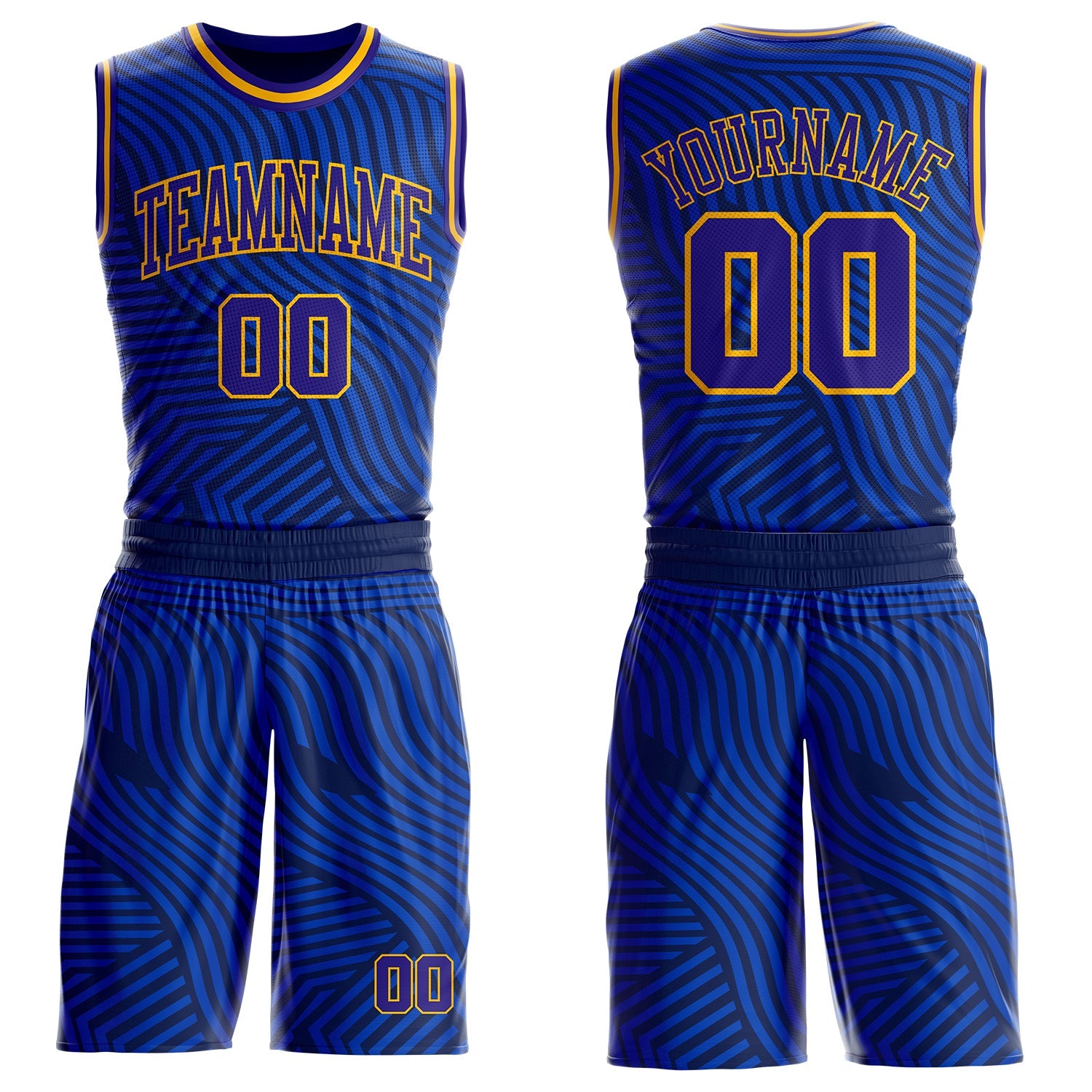 Custom Blue Dark Purple Navy-Gold Abstract Wave Round Neck Sublimation Basketball Uniform Jersey - Main View