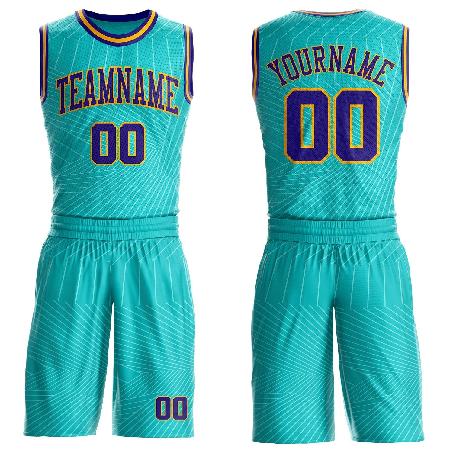 Custom Green Dark Purple-Gold Abstract Tech Geometric Lines Round Neck Sublimation Basketball Uniform Jersey - Main View